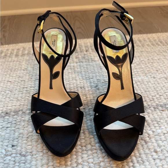 Prada Fairy Collection Satin Platform Ankle Strap Sandal - Black, Size 37 1/2 - Picture 2 of 12